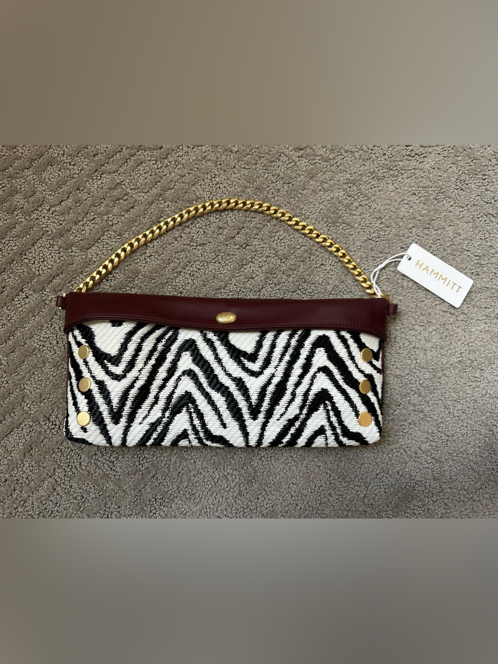 Hammitt Invitation Clutch Zebra Raffia Oxblood Leather Gold Chain New With Tags - Picture 4 of 15